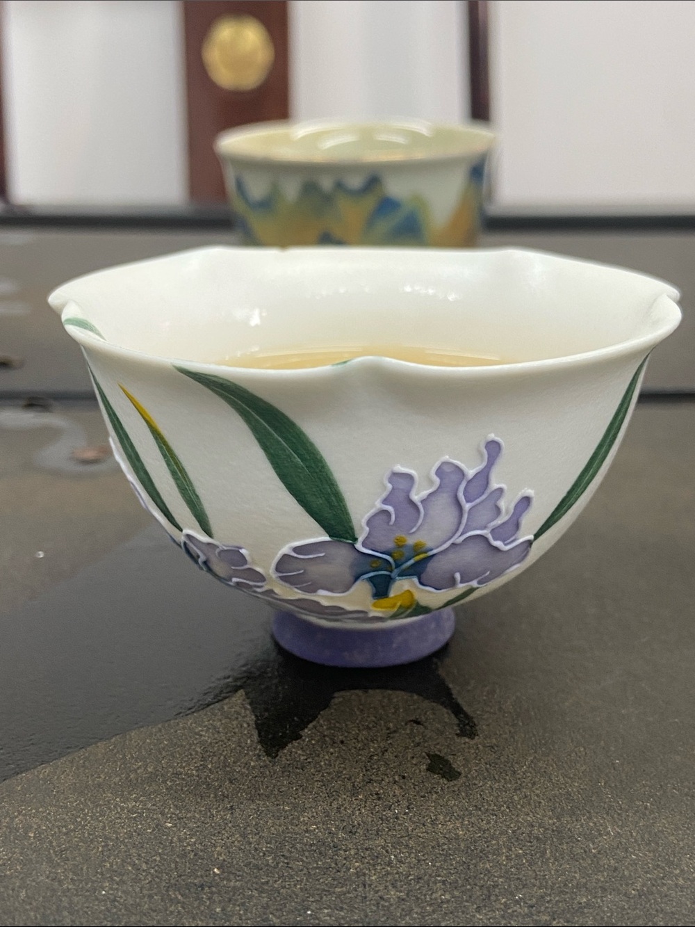 Hand-Painted Floral Porcelain Tea Cup in Purple and Green